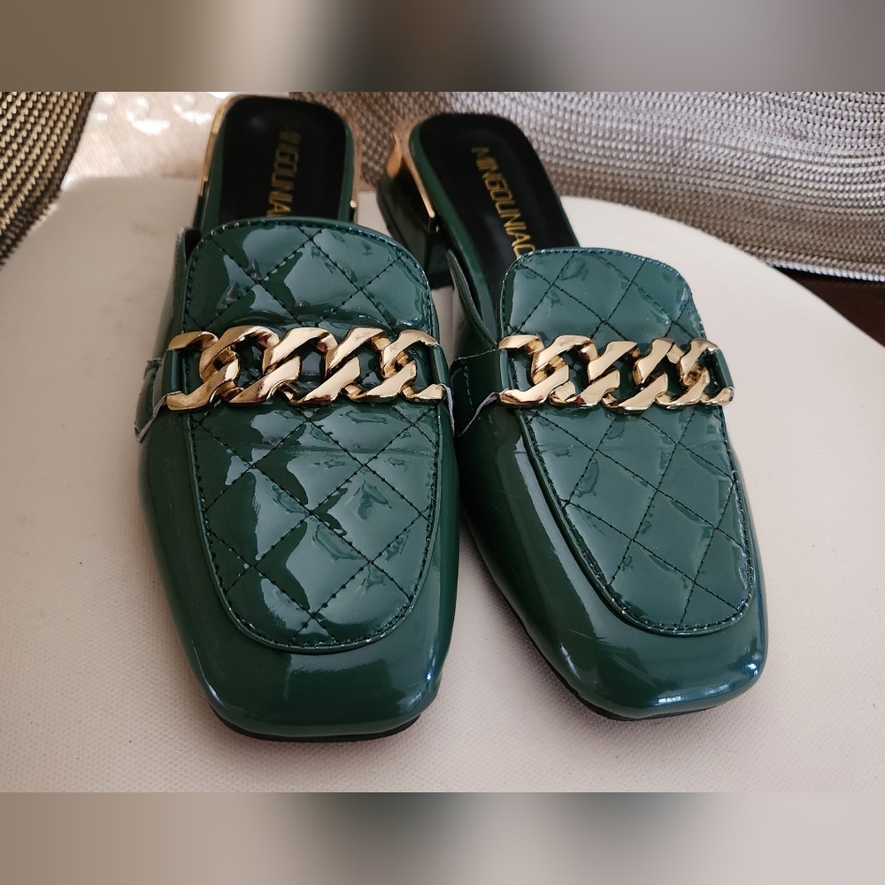 Green and Gold Quilted Mules with Chain Detail Size 37